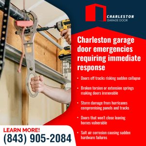 Emergency Garage Door Repair in Charleston: What You Should Know 2 Garage Door service in Charleston SC A technician using specialized tools to work on a garage door spring mechanism, emphasizing quick response to emergencies.