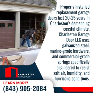 Charleston Garage Door LLC's Commitment to Quality in Every Garage Door Replacement 1 Garage Door service in Charleston SC A technician is working on installing a new garage door system in an opening. The text emphasizes that properly installed doors last 20-25 years.