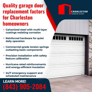 Charleston Garage Door LLC's Commitment to Quality in Every Garage Door Replacement 2 Garage Door service in Charleston SC A new white, paneled garage door with small windows is featured, alongside a list of quality replacement factors: galvanized steel, reinforced hardware, commercial-grade springs, precision installation, hurricane-rated reinforcements, and 24/7 support.