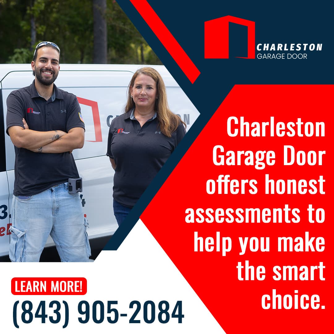 Charleston Garage Door team members standing in front of a service vehicle offering professional garage door assessments.