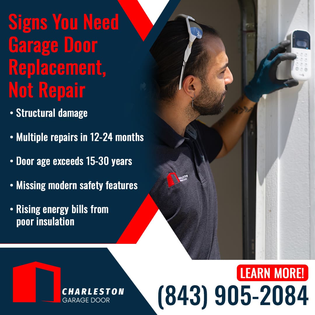 Garage door technician inspecting a wall-mounted garage door keypad during a replacement assessment.