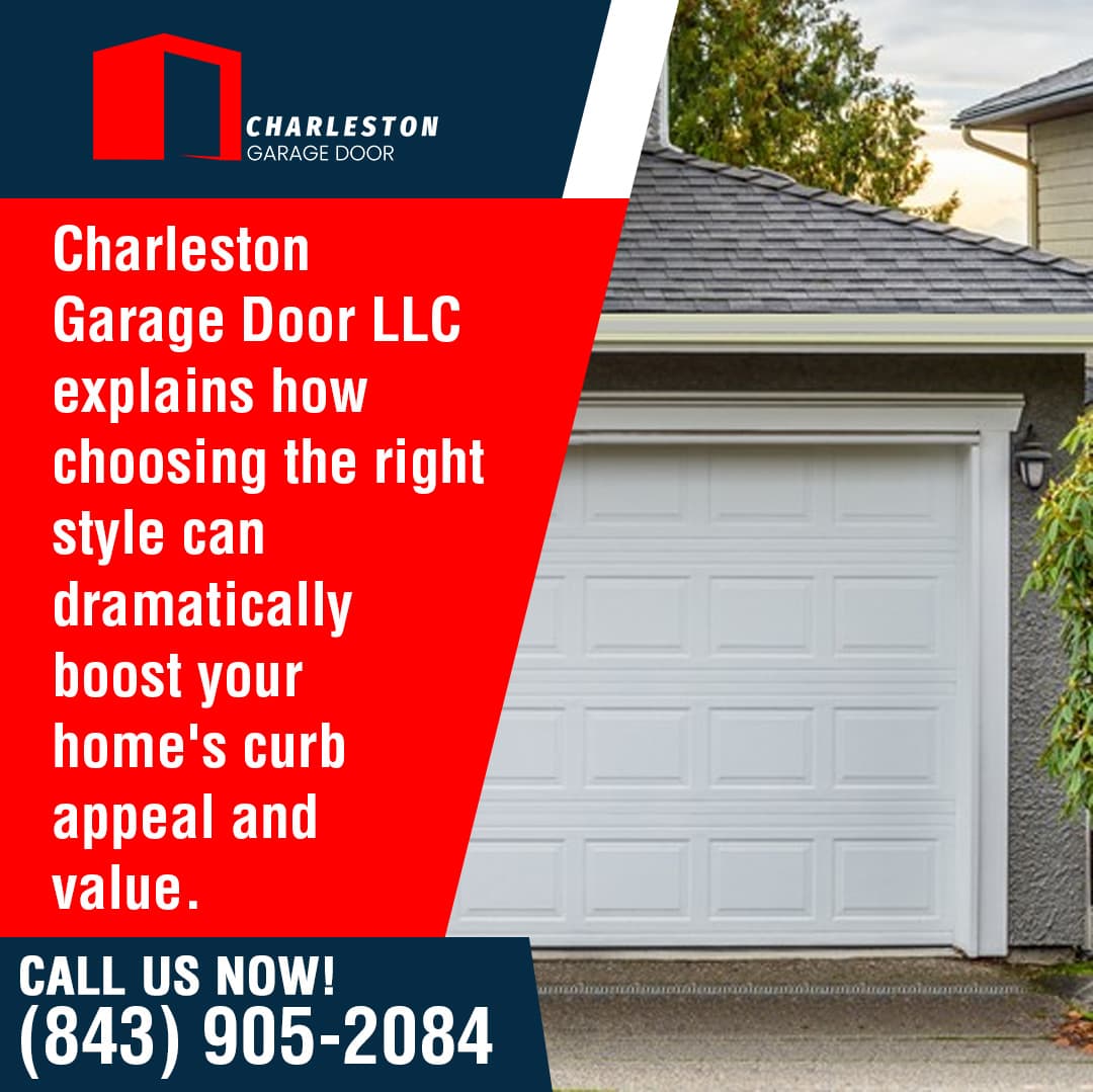 A white paneled garage door on a yellow house, with text advertising Charleston Garage Door LLC’s expertise in boosting home value through garage door style.