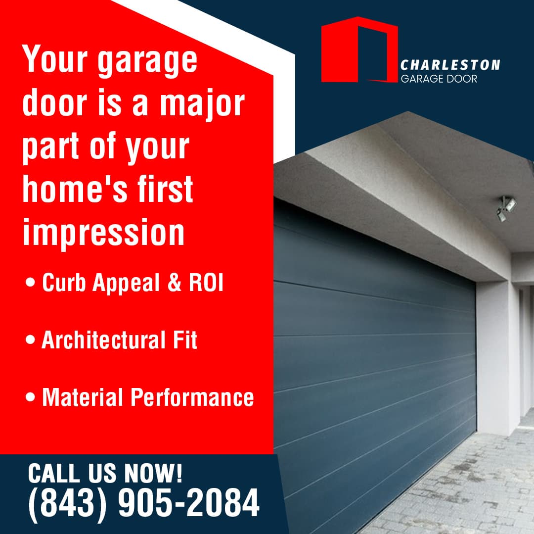 Garage Door Styles That Add Instant Curb Appeal and Value 2 Garage Door service in Charleston SC A dark blue garage door on a light-colored house, with text highlighting the importance of garage doors for curb appeal and home value from Charleston Garage Door.