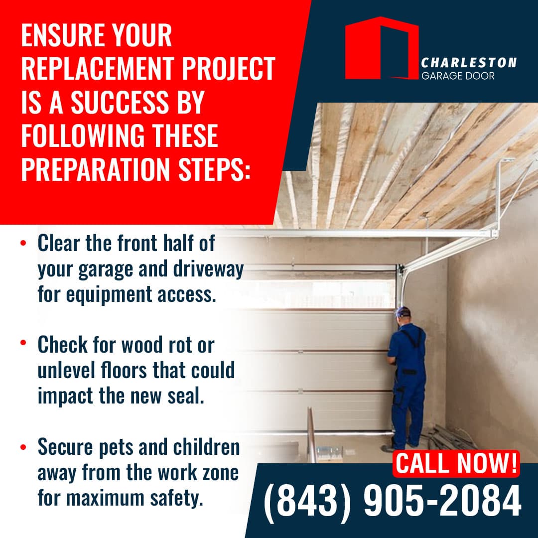 How to Prepare for a Garage Door Replacement Installation 2 Garage Door service in Charleston SC Advertisement from Charleston Garage Door LLC listing preparation steps for a successful garage door replacement: clearing space, checking for wood rot, and securing pets/children.