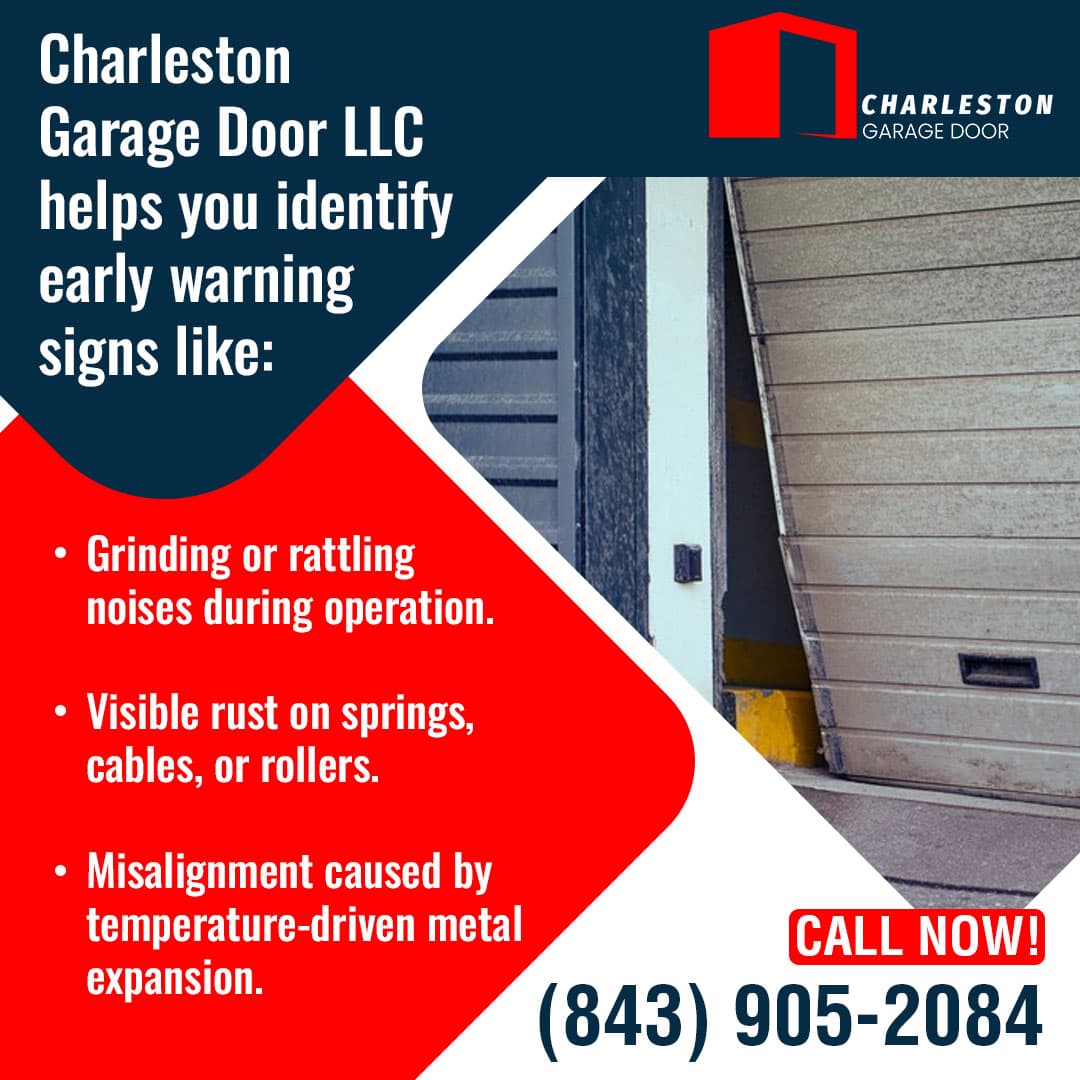 Why Garage Door Maintenance Is a Must in Charleston's Coastal Climate 2 Garage Door service in Charleston SC Advertisement from Charleston Garage Door LLC listing early warning signs of garage door problems: grinding noises, rust, and misalignment.