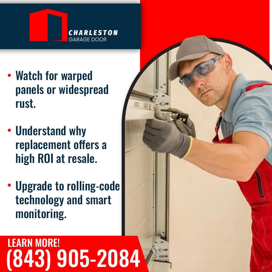 Signs It's Time to Replace Your Garage Door in Charleston 2 Garage Door service in Charleston SC Technician inspecting and repairing a garage door panel with information about signs of damage, resale value benefits, and smart garage door technology upgrades.