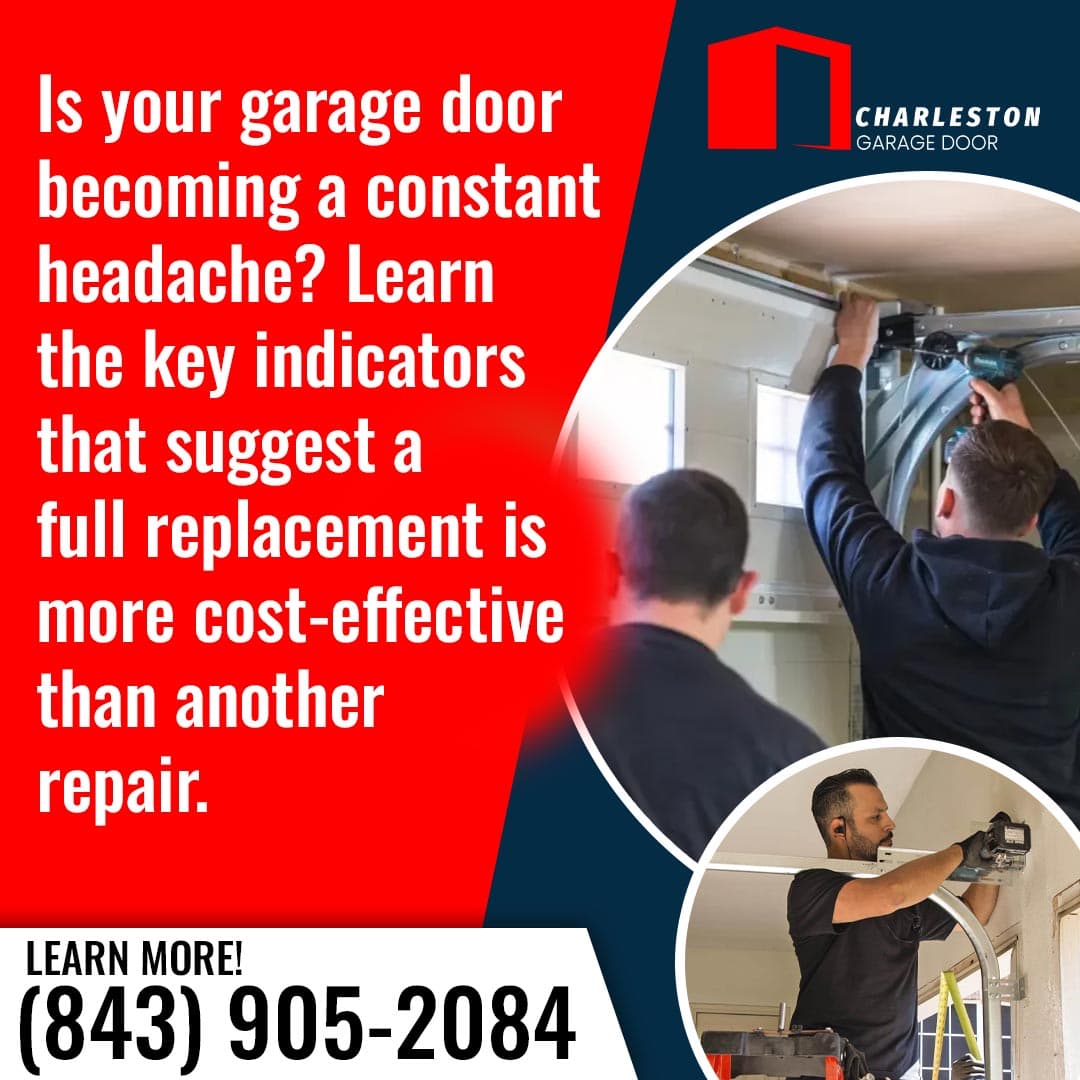 Signs It's Time to Replace Your Garage Door in Charleston 1 Garage Door service in Charleston SC Technicians repairing a residential garage door with a message about signs that indicate a full <a href=