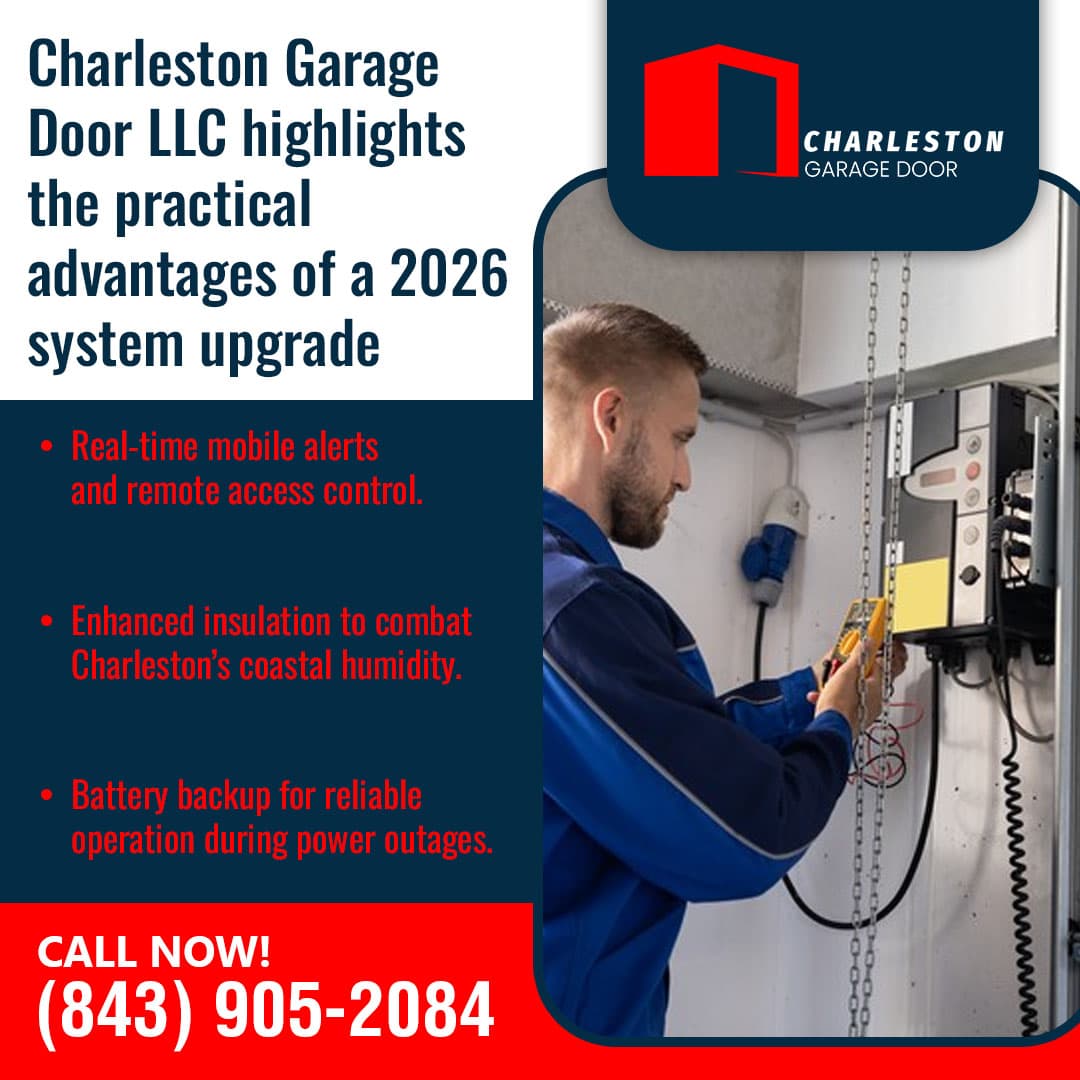 Smart Garage Doors: Should You Upgrade Your Charleston Home in 2026? 2 Garage Door service in Charleston SC Technician installing or testing a smart garage door opener system with control panel