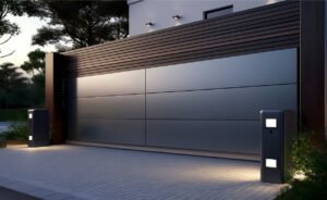Contemporary home with a large smart garage door and automated entry system at dusk