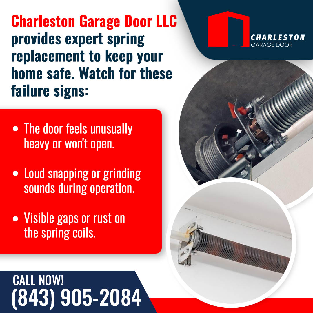 Garage Door Spring Replacement: What Charleston Homeowners Should Know 2 Garage Door service in Charleston SC An informational graphic from Charleston Garage Door LLC listing signs of garage door spring failure, featuring photos of rusty and broken torsion springs.