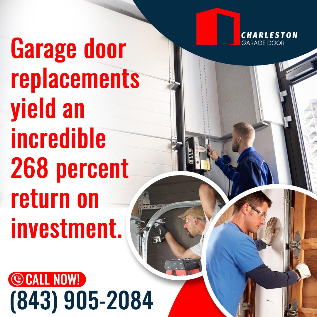 A technician adjusting a commercial wall mounted garage door opener next to inset images of technicians installing garage doors, framed by a Charleston Garage Door marketing graphic.