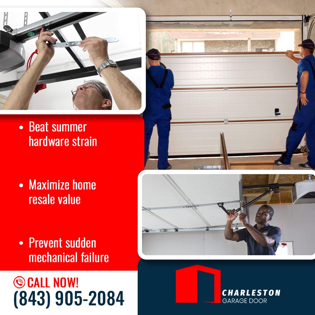 Is It Time for a Summer Garage Door Upgrade in Charleston? 2 Garage Door service in Charleston SC Technicians servicing overhead garage door openers and installing panels next to a Charleston Garage Door promotional checklist.