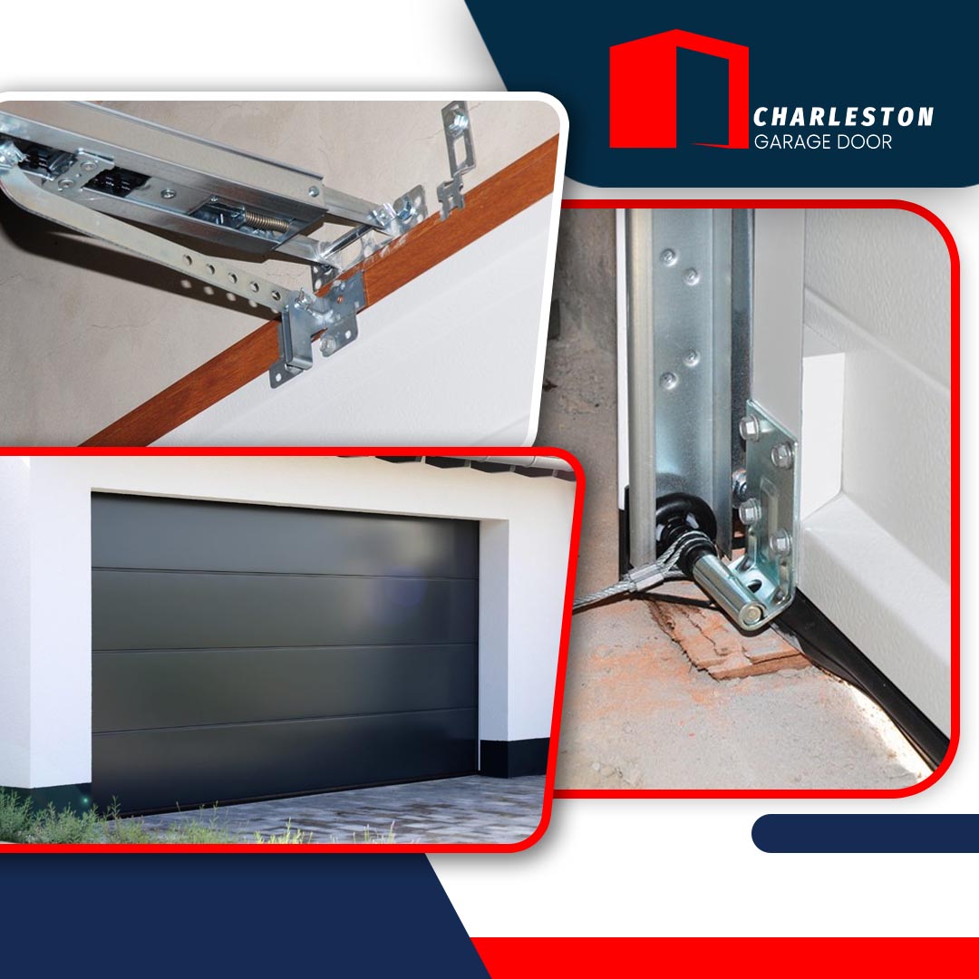 How Long Does a Garage Door Replacement Take in Charleston, SC? 2 Garage Door service in Charleston SC Close-up views of garage door track hardware, bottom roller assembly, and a modern black garage door after professional installation.