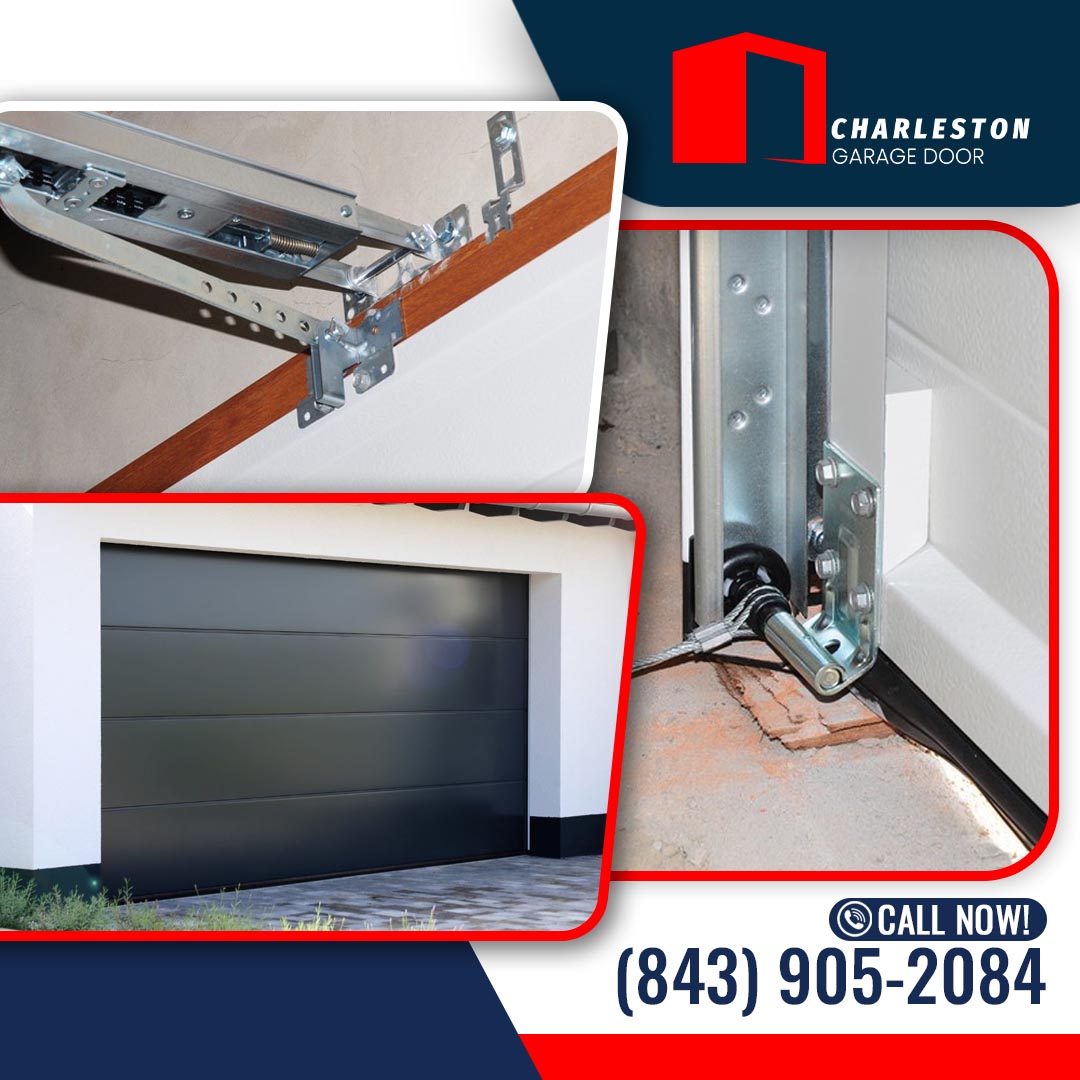 How Much Does Garage Door Repair Cost in Charleston, SC? 2 Garage Door service in Charleston SC Garage door hardware components, cable system, and track assembly alongside a modern residential garage door, highlighting professional garage door repair and installation services.