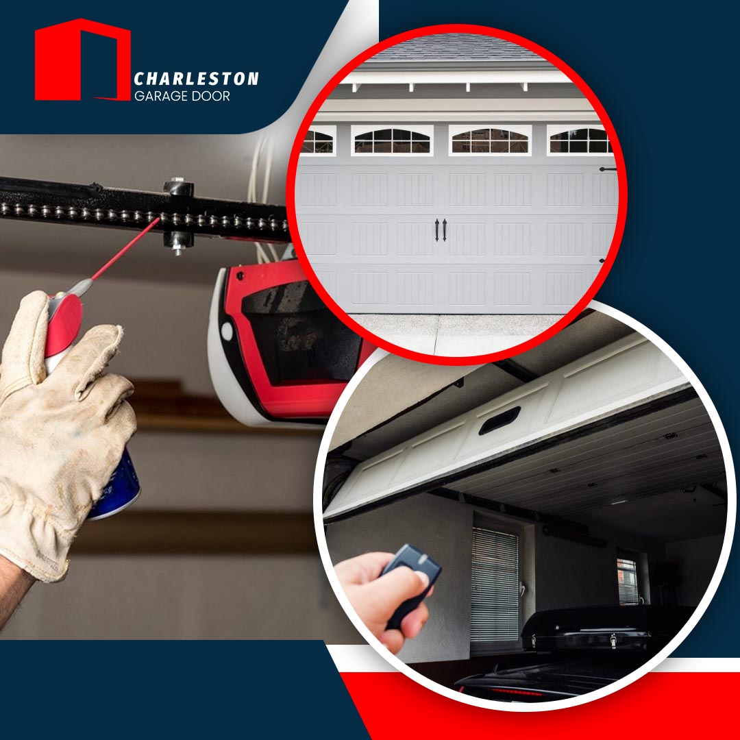 Technician lubricating a garage door opener chain with images of a modern garage door and a remote-controlled garage door in operation.