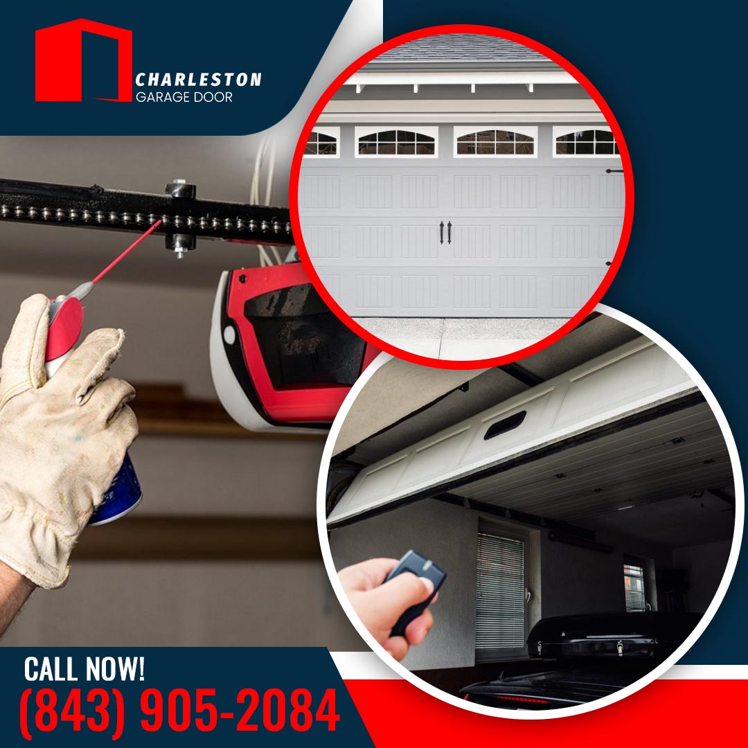 Technician lubricating a garage door opener chain alongside images of a newly installed garage door and a remote-controlled garage door opening for a residential home.