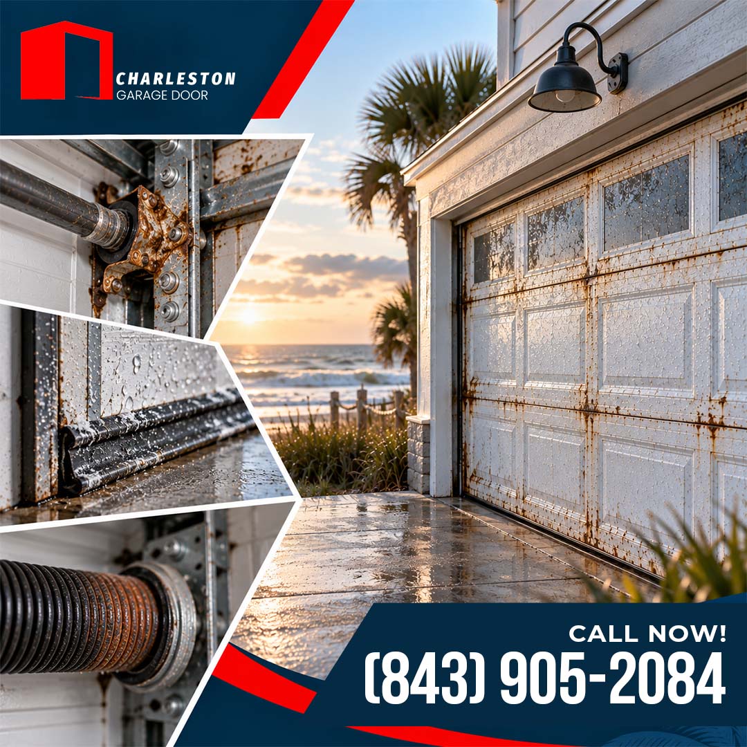 How Long Does a Residential Garage Door Really Last? 2 Garage Door service in Charleston SC Exterior view of a weather-worn garage door on a coastal home facing the ocean, accompanied by detailed insets of rusted bearing plates, wet bottom weather seals, and a corroded torsion spring.