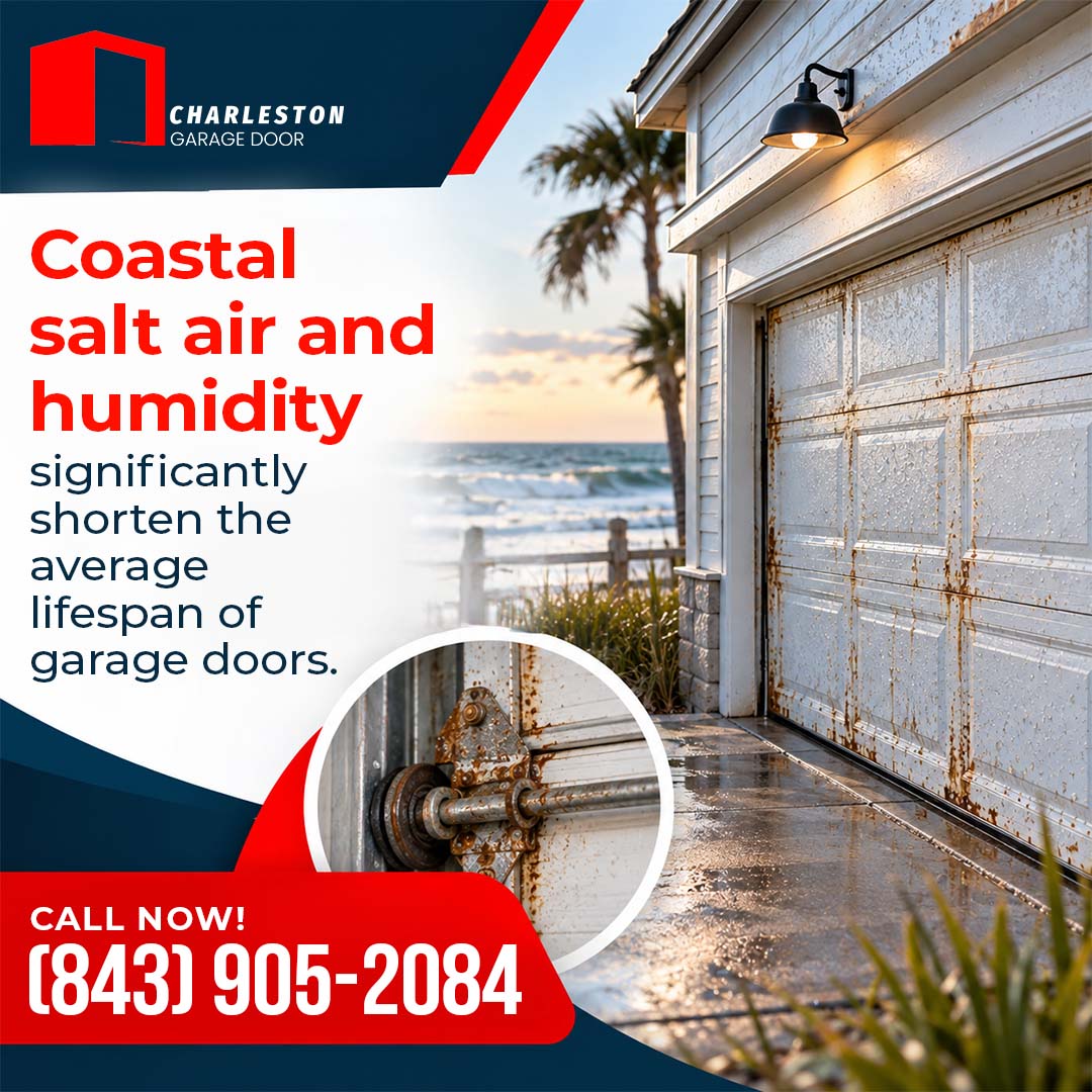 How Long Does a Residential Garage Door Really Last? 1 Garage Door service in Charleston SC White paneled residential garage door showing heavy rust and corrosion set against a coastal ocean backdrop, featuring a circular inset close-up of severely rusted garage door hardware.