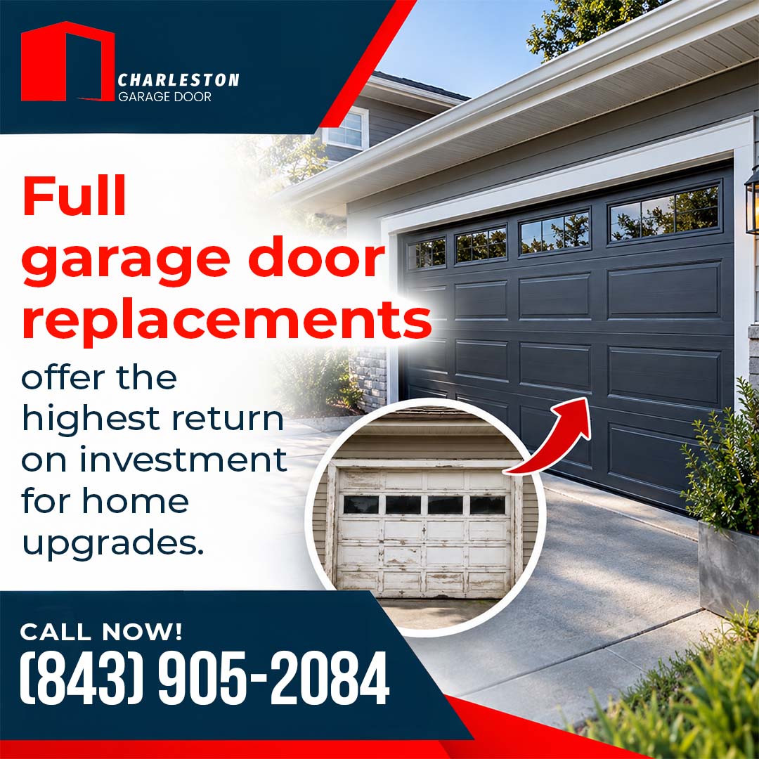 What Does a Full Garage Door Replacement Involve? 1 Garage Door service in Charleston SC Modern dark gray residential garage door with upper window panes installed on a home, paired with a circular inset of an old, weathered white garage door with an arrow pointing to the upgrade.