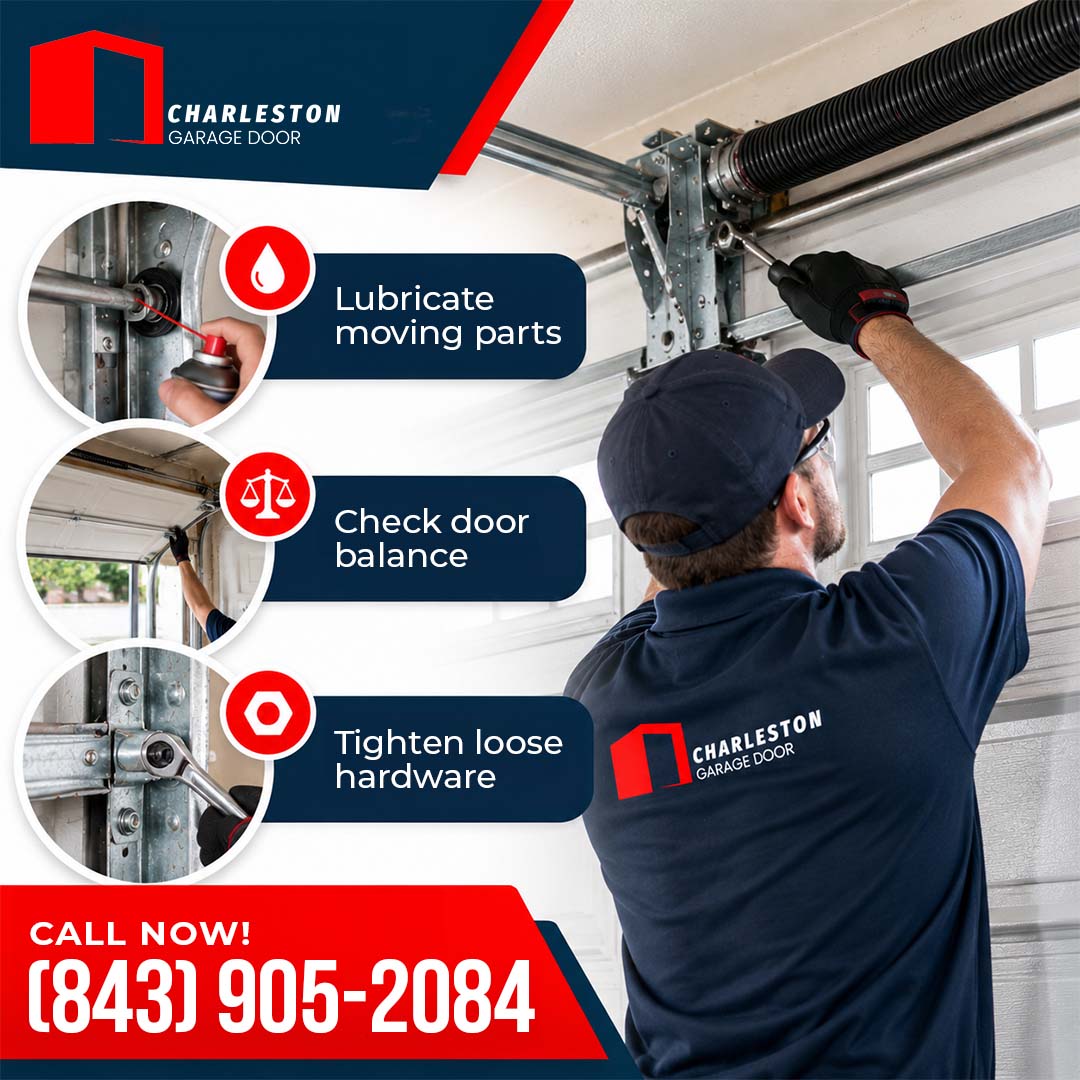 Garage Door Repair vs. Maintenance: What's the Difference? 2 Garage Door service in Charleston SC Technician adjusting an overhead garage door torsion assembly, featured alongside three circular insets demonstrating lubricating moving parts, checking door balance manually, and tightening loose track hardware with a wrench.