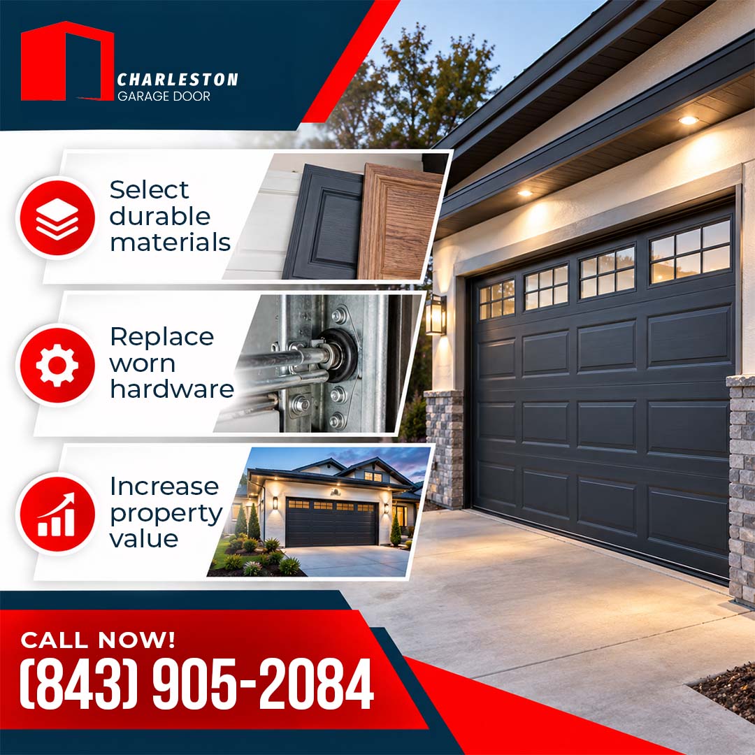 What Does a Full Garage Door Replacement Involve? 2 Garage Door service in Charleston SC Modern dark garage door with top window panels on an illuminated home exterior, alongside three checklist insets showing durable panel material samples, replacement roller hardware, and the full property exterior at twilight.