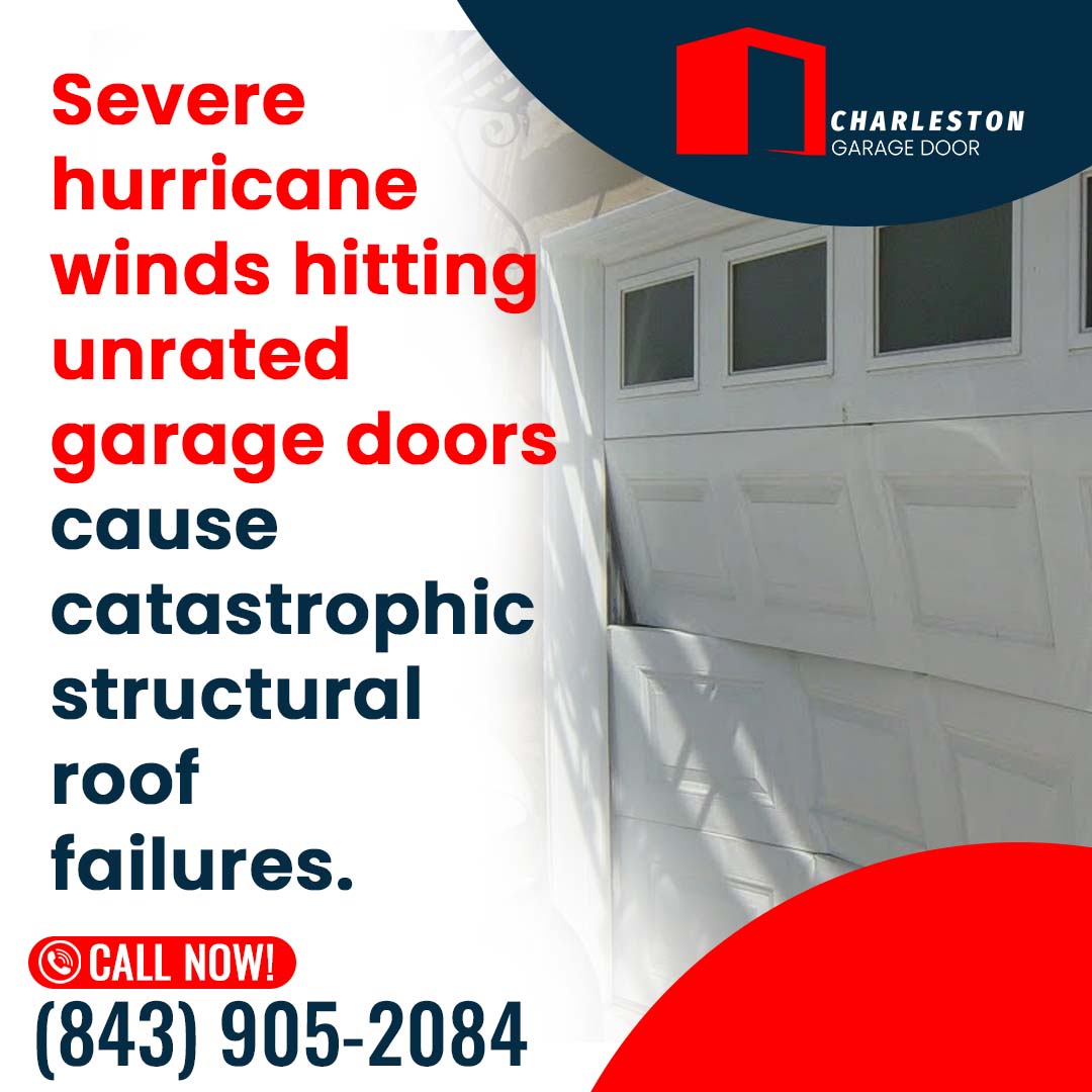 How Do You Prepare Your Garage Door for Hurricane Season in Charleston? 1 Garage Door service in Charleston SC White panel residential garage door bent and buckling inward from strong wind pressure.