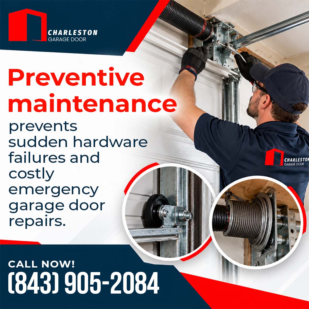 Garage Door Repair vs. Maintenance: What's the Difference? 1 Garage Door service in Charleston SC Technician servicing an overhead garage door torsion assembly, featuring circular insets of a roller track hinge and a tightly wound cable drum.