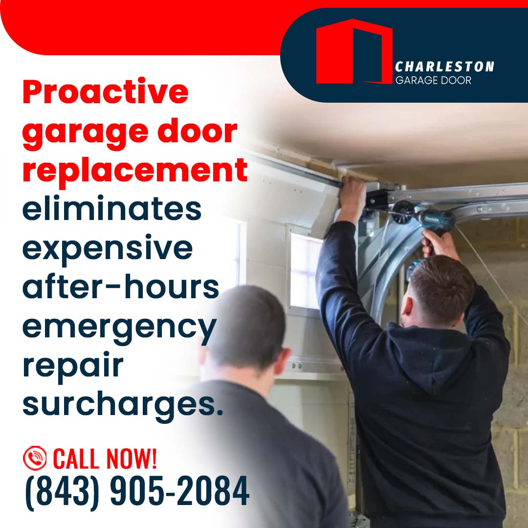 Can You Save Money by Replacing Your Garage Door This Fall? 1 Garage Door service in Charleston SC Garage door technician using a power tool to secure overhead track hardware while an assistant watches inside a garage.