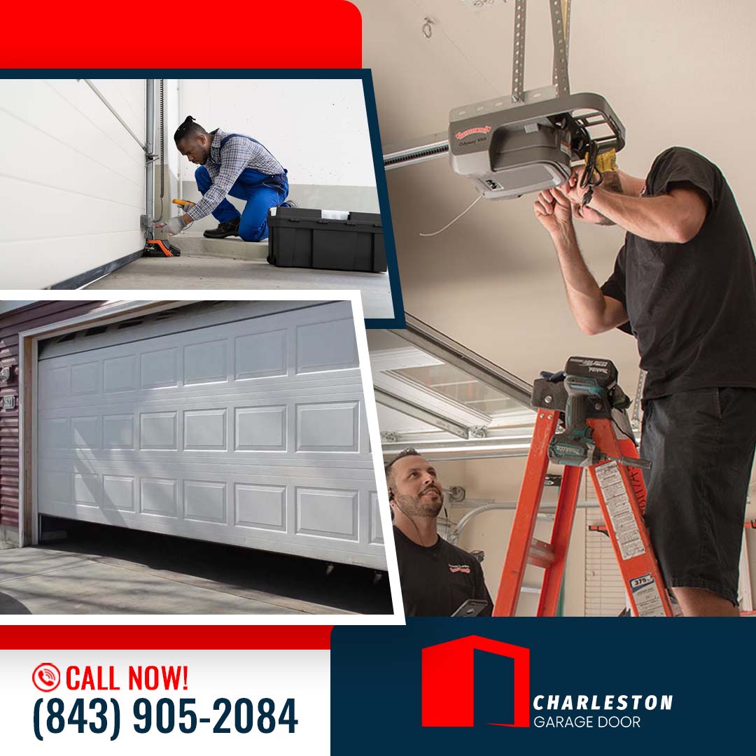 How Do You Prepare Your Garage Door for Hurricane Season in Charleston? 2 Garage Door service in Charleston SC Garage door technicians installing a ceiling-mounted opener motor from a stepladder, alongside insets of a technician wiring a safety sensor and an exterior view of a white panel garage door.