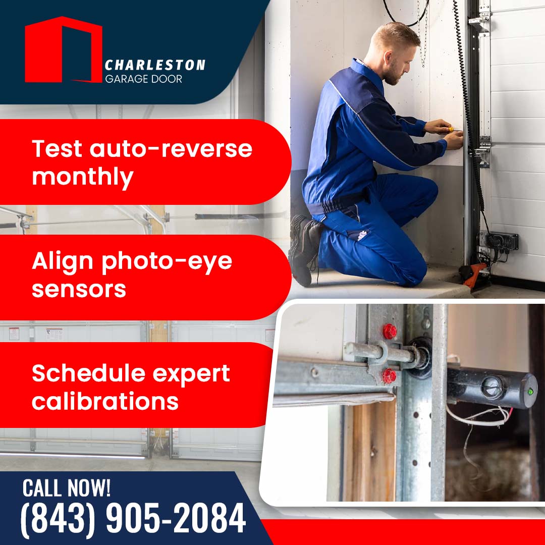 What Garage Door Safety Features Should Every Charleston Home Have? 2 Garage Door service in Charleston SC Professional garage technician in blue workwear calibrating door wiring and sensors, paired with an inset of an aligned photo-eye sensor and roller track.