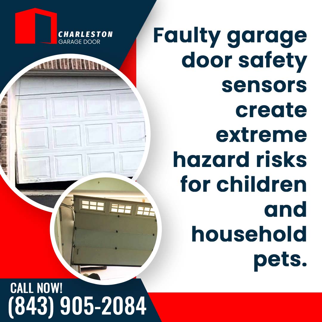 What Garage Door Safety Features Should Every Charleston Home Have? 1 Garage Door service in Charleston SC Off-track, crooked residential garage door stuck mid-travel, paired with an interior view of malfunctioning overhead door tracks.