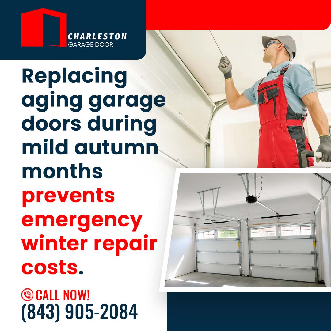 Is Fall the Best Time for a Garage Door Replacement in SC? 1 Garage Door service in Charleston SC Service technician in protective gear checking overhead door cables, paired with an inset showing newly installed dual white sectional garage doors.