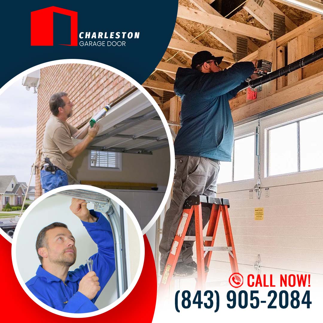 Can You Save Money by Replacing Your Garage Door This Fall? 2 Garage Door service in Charleston SC Technician on a ladder adjusting an overhead garage door torsion spring, with insets of weatherstripping caulking around brick molding and roller track alignment.