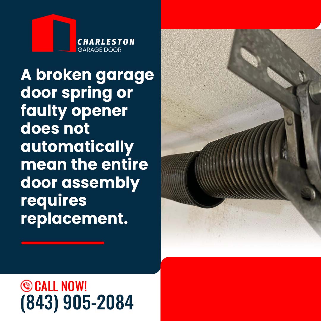 Is Your Garage Door Too Far Gone to Repair? 1 Garage Door service in Charleston SC Close-up view of an overhead garage door torsion spring mounted to a steel center support bracket against the ceiling.
