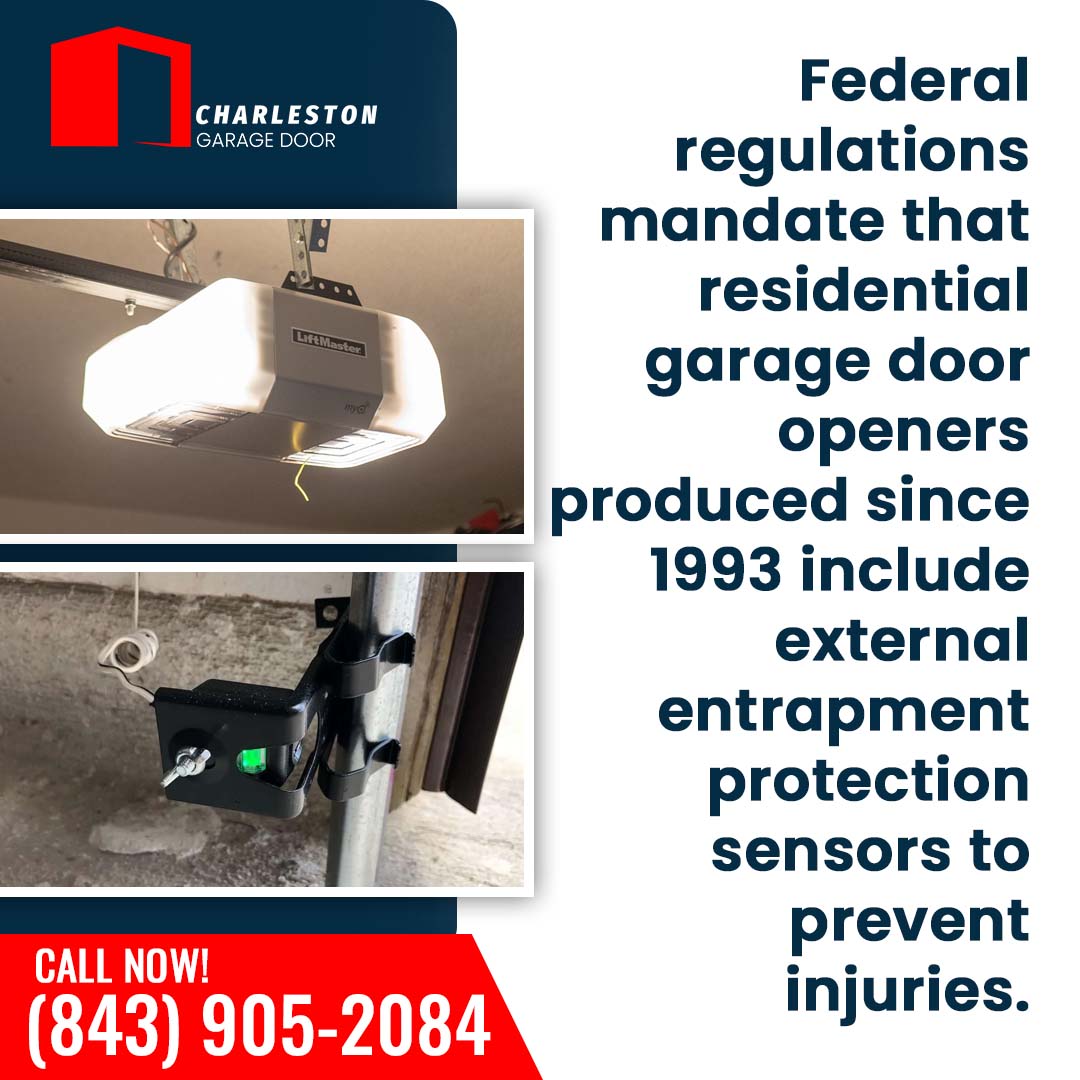 What Does a Blinking Garage Door Opener Light Mean? 1 Garage Door service in Charleston SC Ceiling-mounted LiftMaster garage door opener illuminated with overhead lights, alongside a close-up photo of a safety sensor with a green indicator light mounted to a metal track near the floor.