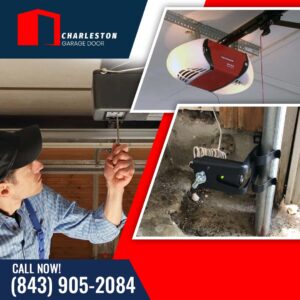Blog 14 Garage Door service in Charleston SC Garage door technician using a screwdriver to adjust an overhead opener unit, alongside inset images of an illuminated Craftsman ceiling motor and a track-mounted photo-eye sensor with a green light.