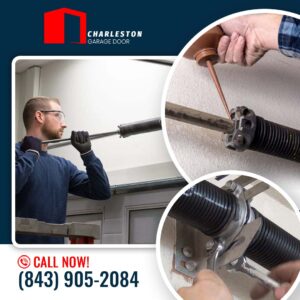 Blog 13 Garage Door service in Charleston SC Garage door technician using a winding bar on a high-tension spring, alongside circular insets showing oil lubrication of a spring fitting and a wrench adjusting mounting hardware.